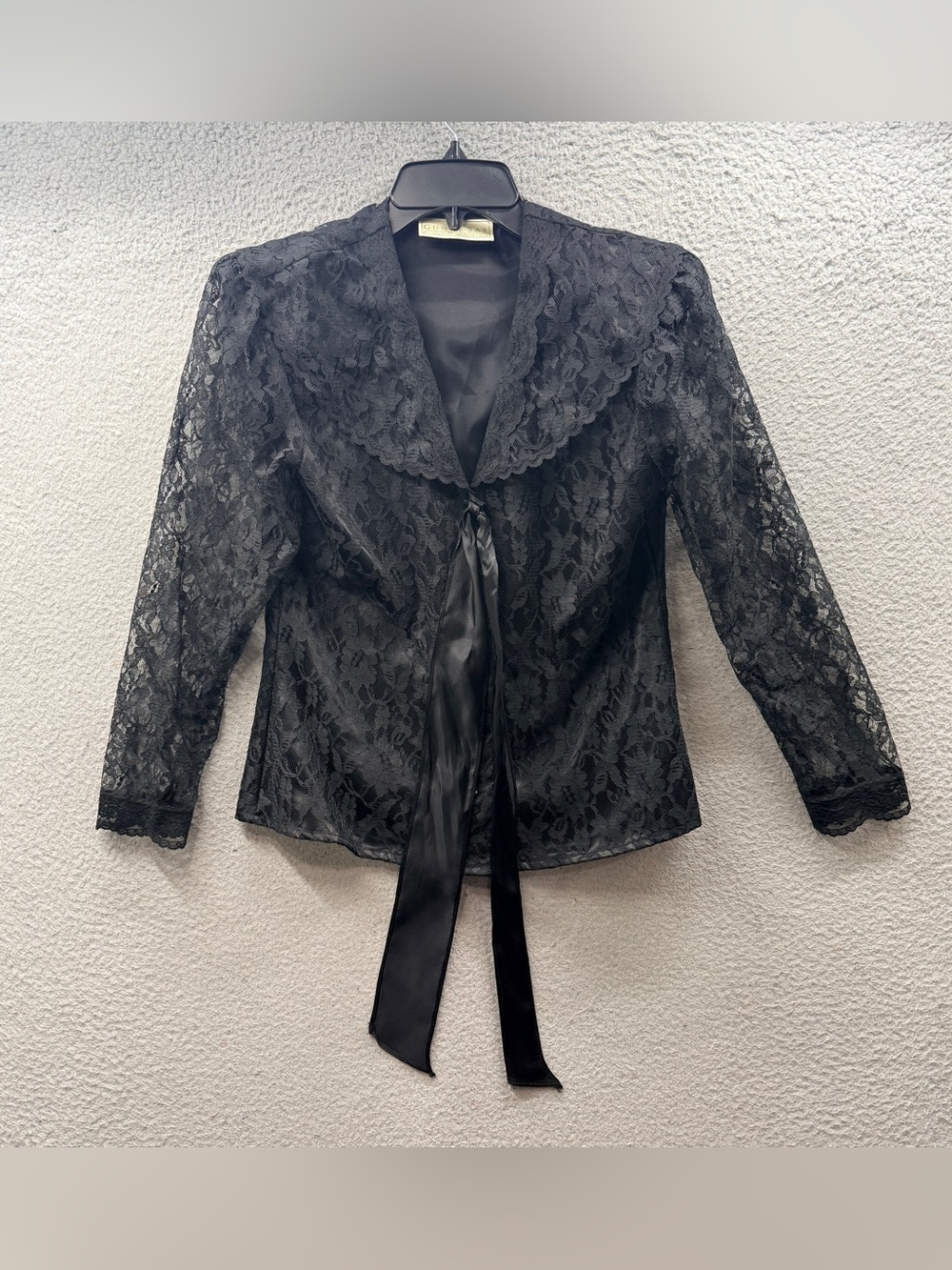 Vintage Gunne Sax Black Lace Sheer Floral Top Blouse Front Tie Goth Party Sexy